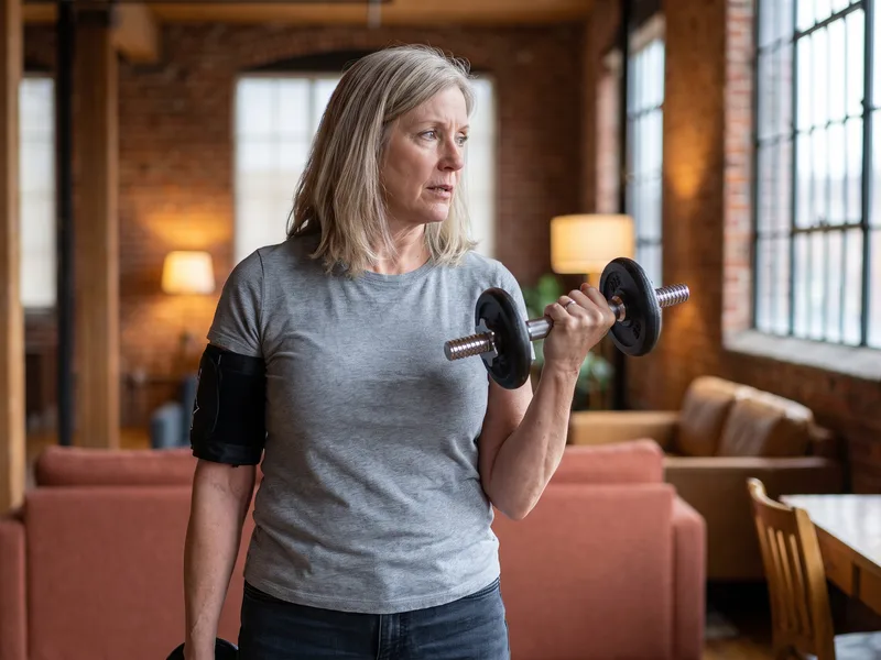 A patient performing a dumbbell curl with a blood flow restriction cuff on her arm