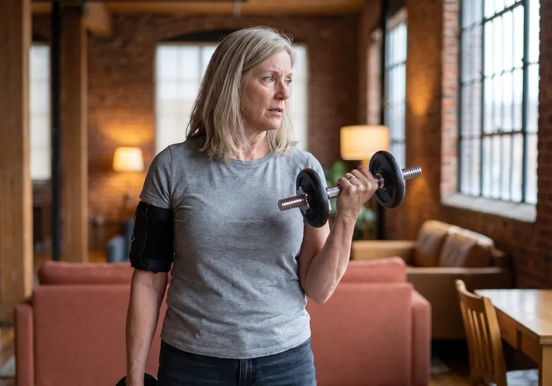 A patient performing a dumbbell curl with a blood flow restriction cuff on her arm