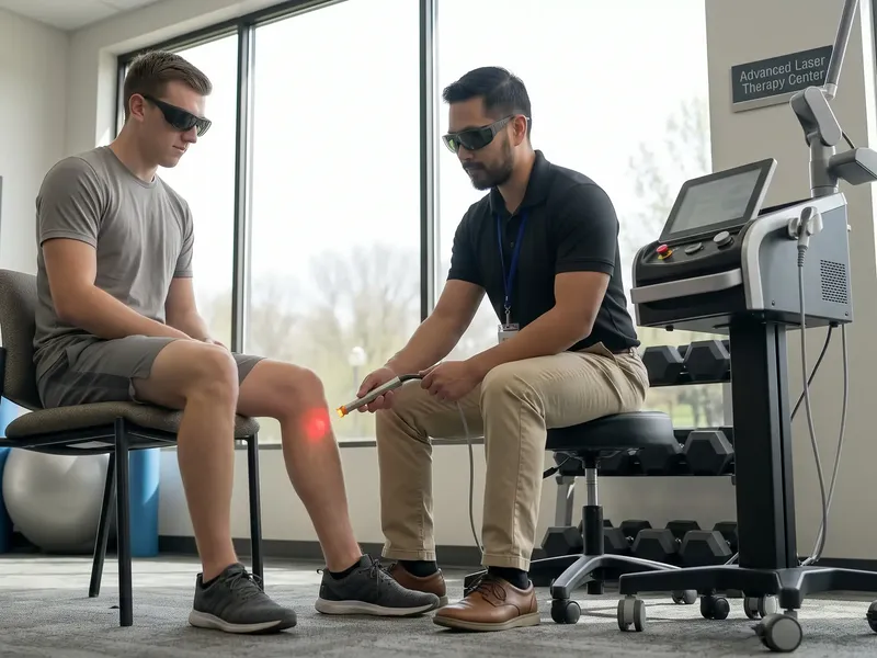 A physical therapist treating a patient's knee with a Class IV therapy laser while both wear protective glasses
