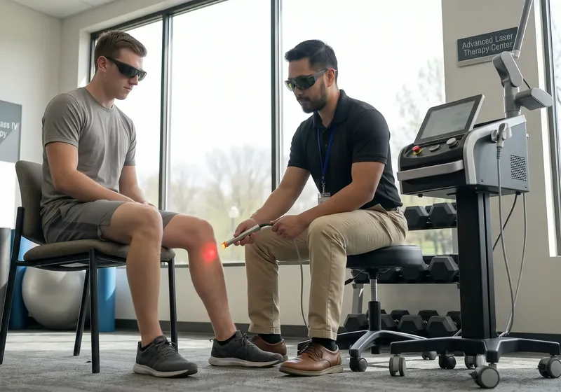 A physical therapist treating a patient's knee with a Class IV therapy laser