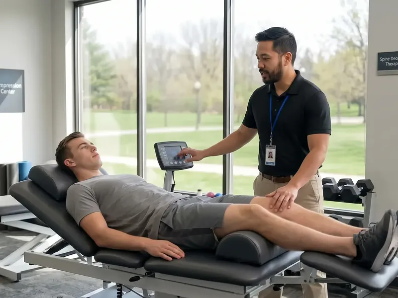A physical therapist adjusting the controls of a spinal decompression table while a patient lies on it