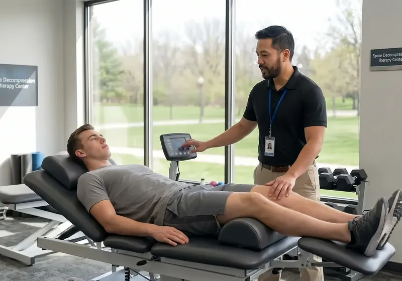 A physical therapist setting up a decompression table session for a patient lying on the table