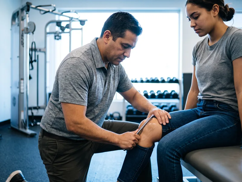 A therapist using an IASTM tool to treat a patient's knee