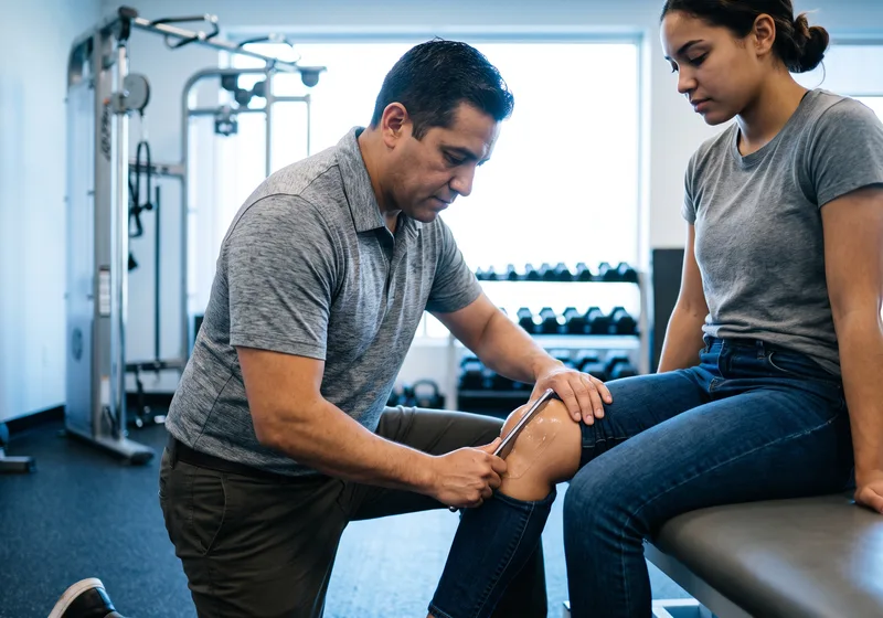 A therapist using an IASTM tool to treat a patient's knee