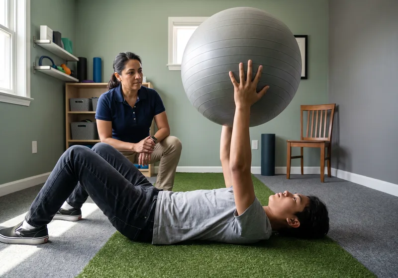 A therapist coaching a sports rehab patient through a guided stability-ball exercise
