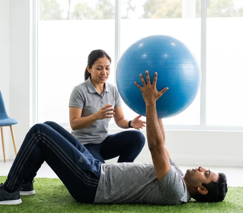 A therapist coaching a sports rehab patient through a guided stability-ball exercise
